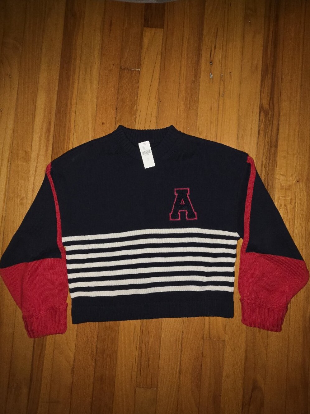 Maeve Navy Sweatshirt with Red Sleeves, White Stripes & Letter A